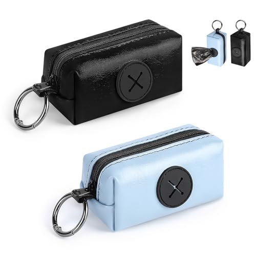 2pcs Dispensador Bolsas Caca Perro Porta Bolsos para Excrementos de Perros Porta Bolsas de Excrementos de Tela Suave con Mosquetón Perro Accesorios para Pasear Correr Senderismo(negro&azul)