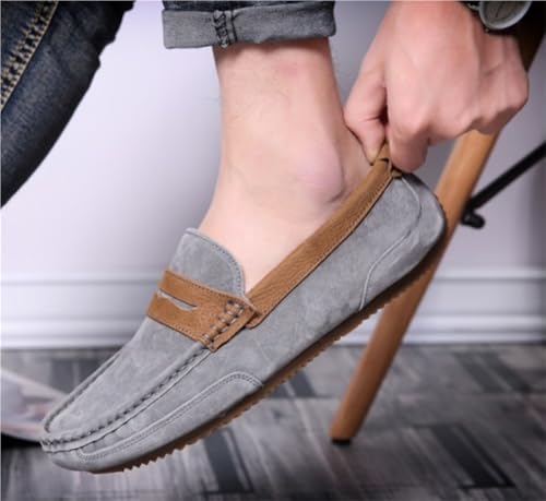 Mens Loafers Shoe Suede Vamp Genuine Leather Stitching Details Round Toe Flexible Flat Heel Comfortable Lightweight Anti-Slip4