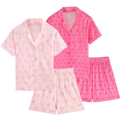 EXARUS 4 Piece Girls Satin Shorts Set Silky Short Sleeve Button with Pockets Summer Outfits for Kids 8-14Y