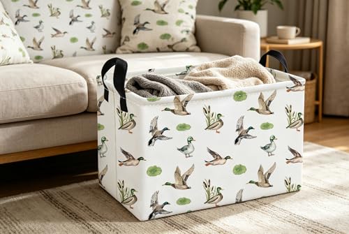 Image of Essme Rectangular Kids Baskets,Duck Storage Box,Cute Basket for Kids with Handles for Room Decor, Book Bins,Shelf Basket.(Green Duck