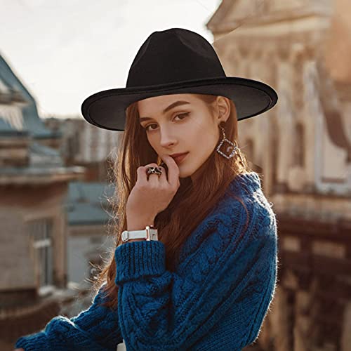 Classic Wide-Brim Fedora-Hats For Women Men Fedora Hat With Belt Buckle Felt Panama Hat Black #TOP3