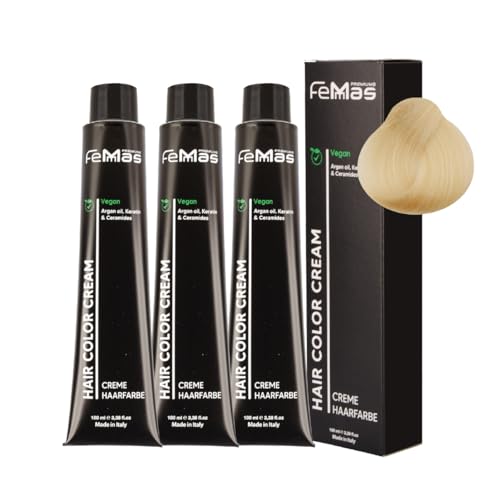 FemMas Haarfarbe 3x Hell Lichtblond 10 I Creme Haarfarbe mit Arganöl, Keratin & Ceramiden I Als dauerhafte Haarfärbung oder Tönung für strahlende, haltbare Farbergebnisse I 100 ml