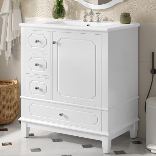 Image of Bellemave 30 inch Bathroom Vanity with Ceramic Sink & 3 Drawers, Bathroom Cabinet with Storage Shelves & Solid Wood Base, Freestanding Vanity Cabinet with Soft-Close Door with Organizer (White /30)
