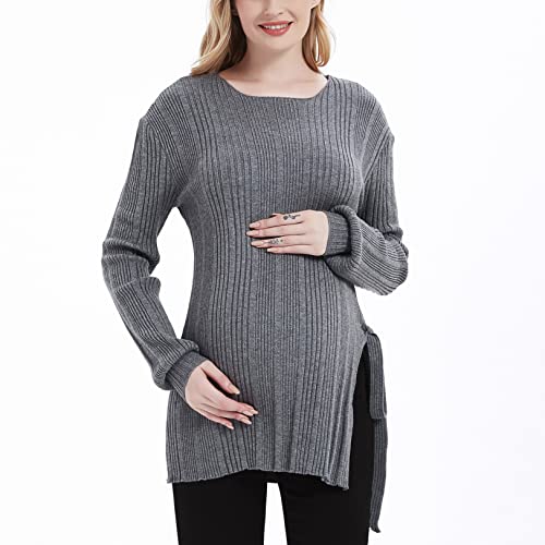 Sweetbump Womens Maternity Sweater Ribbed Knit Long Sleeve Crewneck Side Split Tie Knot Tee T Shirts Soft Tunic Blouse Pregnancy Tops Dark Gray M #TOP2