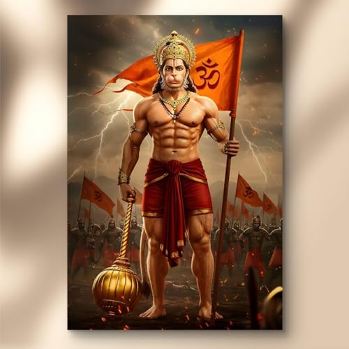 Image of SAF Veer Hanuman Powerful Warrior Wall Poster | Bajrangbali Gada Artwork with Om Flag | Waterproof Sparkle Laminated Vinyl Poster | Unframed Religious Home Decor 12 x 18 inch