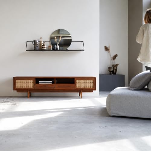 Image of Space Galaxy Solid Sheesham Wood TV Unit with Cane Rattan Doors | Wooden Entertainment Cabinet with 2 Drawers | Media Console & Storage Stand for Living Room, Bedroom & Home | Honey Oak Finish