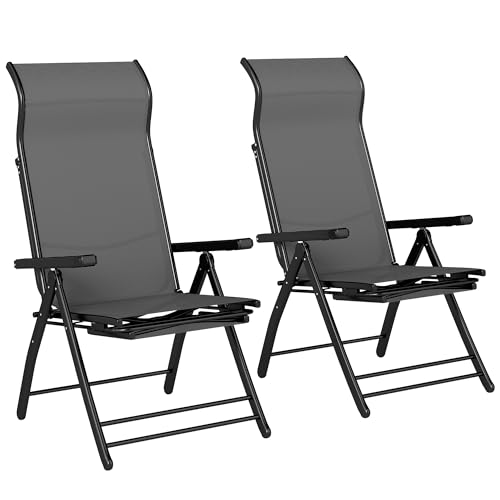 Outsunny Pack de 2 Sillas Plegables Reclinables, Sillas de Jardín Exterior con Respaldo Alto Curva Ajustable en 5 Posiciones, Reposapiés Retráctil y Marco de Metal, para Patio, Playa, Gris Oscuro