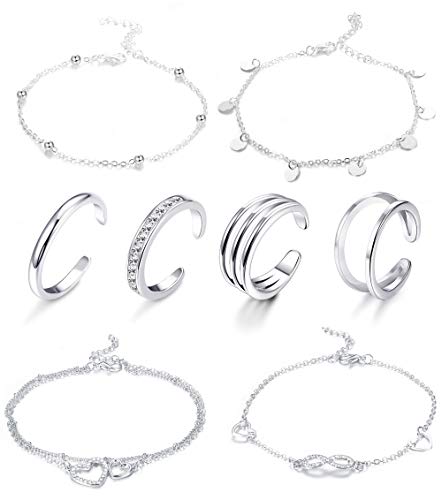 LOYALLOOK 8-12Pcs Beach Anklets Bracelets Toe Rings Foot Jewelry Alloy Chain Set Adjustable for Women