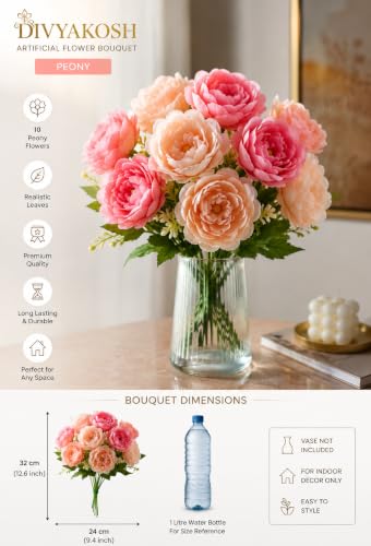 Image of Divyakosh Artificial Flower for Vase (10 Peony Flower Heads), Artificial Flowers Bunch (Vase Not Included), Luxury Floral Centerpiece for Living Room Dining Table Office Decor