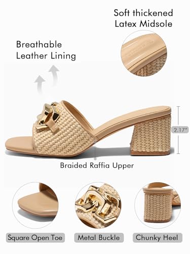Coutgo Womens Raffia Slide Sandals Chunky Block Heeled Square Open Toe Metal Chain Slip on Mules Dressy Shoes4