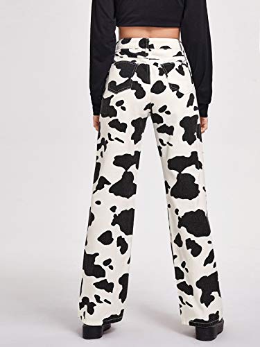 Wdirara Women's Cow Print High Waist Wide Leg Jeans Casual Long Denim Pants Black And White L #TOP1