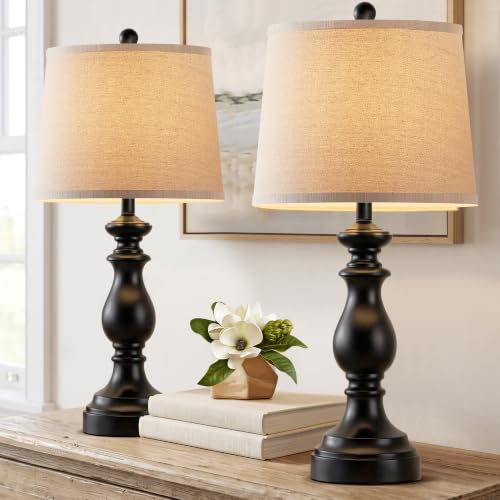 Image of PARTPHONER Traditional Table Lamp Set of 2, Rustic Farmhouse Table Lamps for Living Room Bedroom, 27 inch Bedside Desk Lamps Vintage Nightstand Lamps with Linen Shades, Matte Black