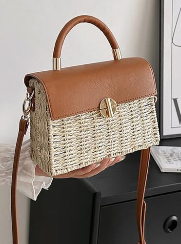 Women Handwoven Straw Purse Rattan Handbag Beach Woven Straw Tote Square Bag Boho Basket Crossbody Bag3