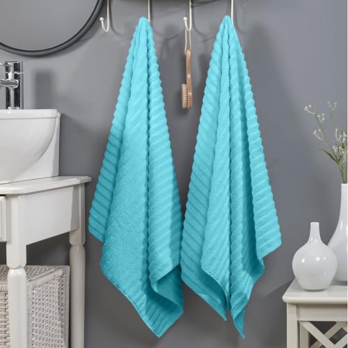 Image of Elegant Comfort 100% Turkish Cotton Corduroy Ribbed Luxury Soft 2 Pack Bath Towels 27 x 54 Inch - Ultra Plush, Absorbent, Quick Dry, Hotel Spa Quality Towels for Bathroom Essentials, Aqua