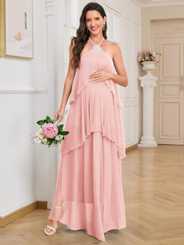 Image of AISWI Maternity Halter Neck Maxi Dress Sparkly Mesh Tiered Ruffle Pregnancy Gown with Flower for Baby Shower Photoshoot