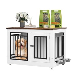 YITAHOME 28″ Dog Crate Furniture, Wooden Side End Table with Adjustable Feet and Removable Bowls, Dog Kennel Indoor for Small Dogs
