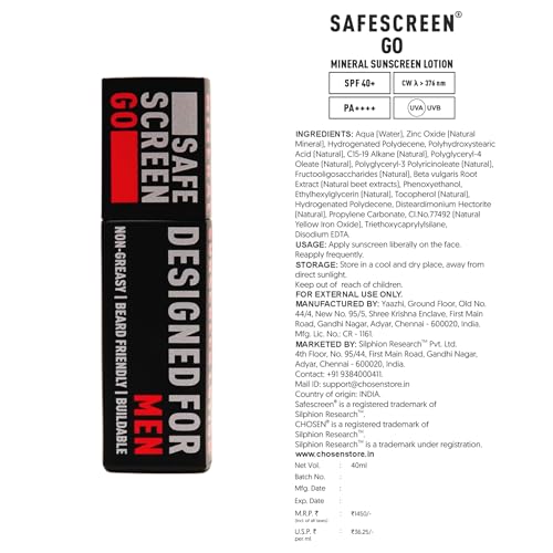 Image of CHOSEN SAFESCREEN GO Mineral Sunscreen SPF40+ PA++++ | Beard-Friendly, No White Cast, Broad Spectrum, Natural, 40ML