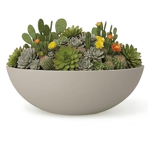 KUTE NEST 7.7"H x 22"D Premium Rondo Round Bowl Fiberstone Planter for Succulent and Lotus with Drainage Hole, Smooth Finishes, Weather Resistant, Included 2 Extra Coco Mats (Taupe, 19.9" Pot Opening)