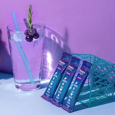 HydroMATE Electrolytes Powder Drink Mix Packets Hydration Accelerator Low Sugar Rapid Party Relief Recovery Vitamin C Plus Caffeine Grape 16 Count
