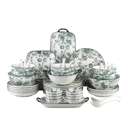 48-Piece Ceramic Dinnerware Set, Service for 8, Vintage Green Rose Floral Plates and Bowls Sets, Microwave & Dishwasher Safe, Porcelain Dinnerware Set for Kitchen & Dining