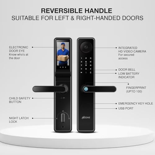 Image of Ozone Smart Door Lock with WiFi & HD Camera | Fingerprint, App, Password & RFID Access | 4-Way Unlock | Fits 35-110 mm Wooden & Metal Doors | Black