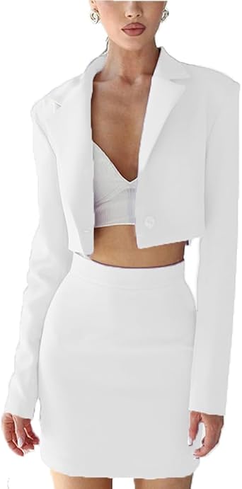 Womens 2 Piece Suit Skirt Set One Button Notch Lapel Business Casual Cropped Blazer and Pencil Skirt Set