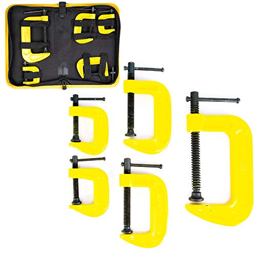 5 Pieces Iron C Clamp Set. 2 Pieces 1 Inch C Clamp, 2 Pieces 2 Inch C Clamp, 1 Pieces 3 Inch C Clamp for Woodworking, Welding, and Building with Storage Bag