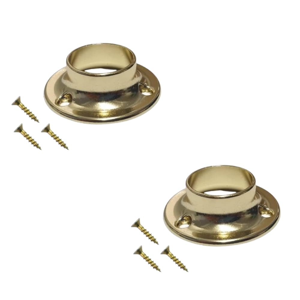 Curtain Pole Holders Polished Brass Heavy Duty Curtain Wardrobe Rod Pole Holder Socket for Up to 19mm Diameter Flange Wall Mount Rod Pole Holder with Fixing Screws Pack of 2
