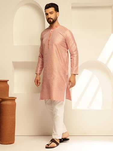 Image of SOJANYA (Since 1958 Men's Silk Blend Long Kurta with Subtle White Detailing | Traditional Ethnic Wear for Navratri