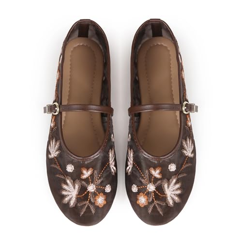 Image of MRKEWUNEY Mesh Ballet Flats for Women Embroidered Floral Round Toe Mary Jane