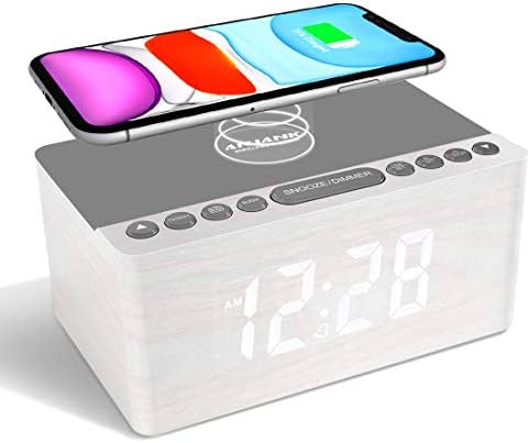 ANJANK Wooden Digital Alarm Clock FM Radio,10W Fast Wireless Charger Station for iPhone/Samsung Galaxy,5 Level Dimmer,USB Charging Port,2 Wake up Sounds,Bedrooms Sleep Timer,Wood LED Clock for Bedside