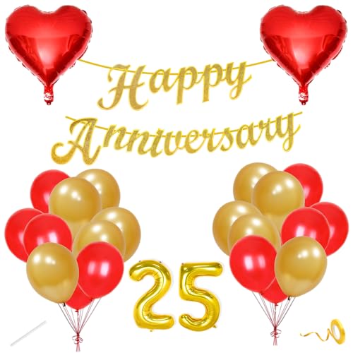 Image of Flyloons 25th Happy Anniversary Decoration Items Red Gold for Men Women Husband Wife Mom Dad Couple Home Bedroom Car With 20 Pcs Metallic Balloons Anniversary Banner 2 Pcs Heart Set Kit Silver Jubilee