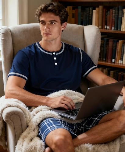 Image of Yoimira Mens Soft Pajama Set Short /Long Sleeve 2 Piece PJs with Pockets | Men's short /long sleeve pajama set, soft 2 piece PJs with pockets for sleepwear, loungewear, relaxing at home and nightwear