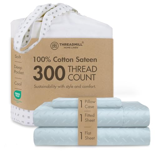 Image of Threadmill 300TC Cotton Twin XL Sheet Set, Sateen, Jacquard, Blue, 3-Piece | 100% Cotton, Sateen Weave, Jacquard Pattern, 3-Piece Set, 16 inch Deep Pocket, Cooling, Breathable, OEKO-TEX Certified