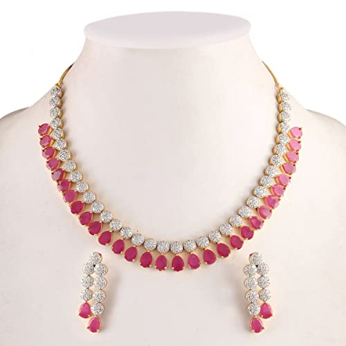 Jewar Necklace Set Ad Cz Gold Plated Two Tone Multi-Stones Indian Jewelry For Women & Girls (Red Ruby-1) #TOP2