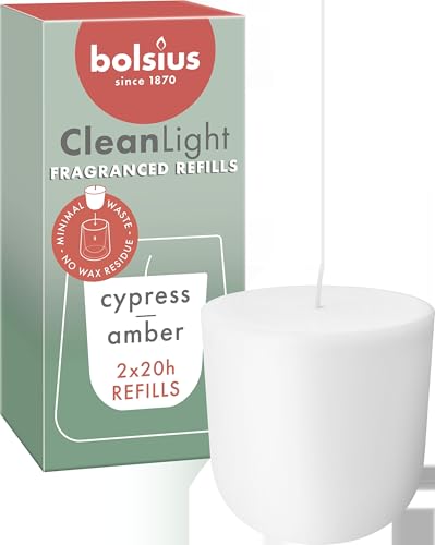 Bolsius – CleanLight Refill – Refillable Scented Candle – Cypress & Amber – Refills Only – 2 pcs – 20-Hour Burn Time – Contains Natural Plant-Based Wax – Free from Palm Oil – Sustainable Concept