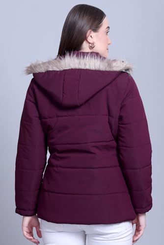 Image of Women's Quilted Winter Puffer Jacket with Fur Hood, Plum Purple, Full Zip