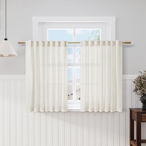 Image of Cream Kitchen Cafe Curtains 45 Inch Length 2 Panel Set Back Tab Pocket Semi Sheer Light Filtering Short Curtain Natural Farmhosue Small Curtains for Basement Window Bathroom Living Room 52x45