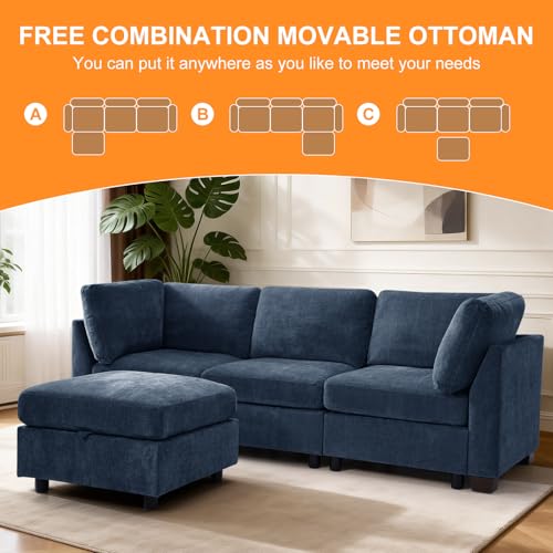 Image of TEKAMON 94 inch L Shaped Modern Sofa Modular Sectional Couch with Ottoman, 4-Seat Chenille Deep Seat Sofa for Living Room, Bedroom and Apartment, Blue