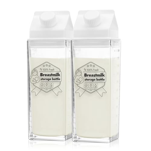 Papablic Glass Breastmilk Pitcher, Baby-Safe Milk Storage Bottles for Breastfeeding & Pumping, Reusable Milk Juice Beverages Container for Fridge, No Leak, BPA Free, 17 oz (2 Packs)