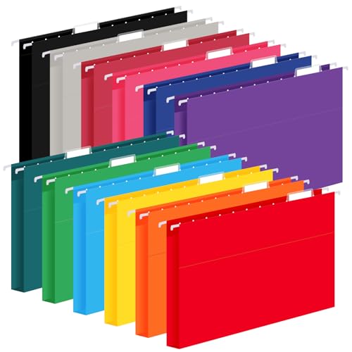 12 Pack Hanging File Folders, Letter Size with 1/5-Cut Adjustable Tabs, 12 Selected Color - File...
