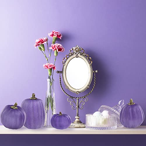 Image of Winlyn 7 Pcs Assorted Sizes Purple Artificial Pumpkins and Gourds Decorative Halloween Pumpkins Foam Pumpkins for Gifts Chic Halloween Thanksgiving Fall Wedding Table Centerpiece Mantel Shelf Decor