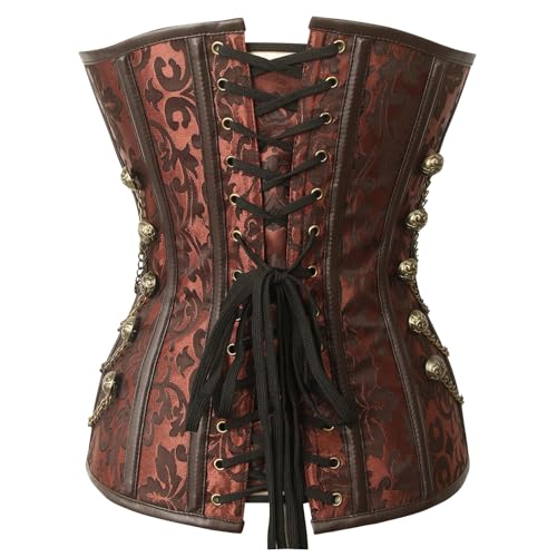 Image of Charmian Women's Steel Boned Steampunk Gothic Bustier Corset with Chains | Overbust Corset, Premium Brocade & Leather, Clasp Closure, Lace-up Back