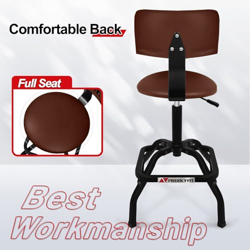 Image of Shop Stool with Backrest, Mechanic Garage Stool for Workshop, Adjustable Shop Stools Chair, Padded Workbench Stools for Men Women, 300 LBS Capacity, 360 Swivel PVC Seat, Heavy Duty, Brown