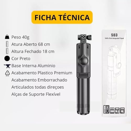 Bastão de Selfie Bluetooth com Tripé e Controle Remoto – Ideal para Android e iOS, Rotação 360º, 5 N