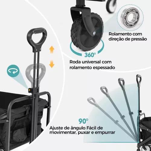 Carrinho de Carga Camping Dobrável Preto – Capacidade 80kg, Ideal para Transporte Pesado, Viagens e