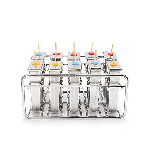 Headery 10Psc Square Popsicle Molds Stainless Steel Easy Release Commercial Ice Pop Molds Ice Cream Maker Homemade Ice Treat Maker with Lid Brush and Wood Stick for Home Commerical Use