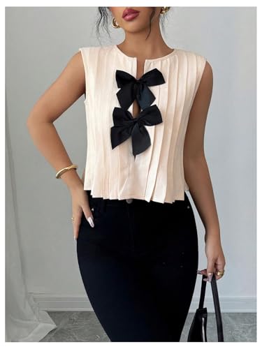 SHENHE Women's Summer Sleeveless Bow Blouse Pleated Dressy Casual Crop Blouse Top Shirt4