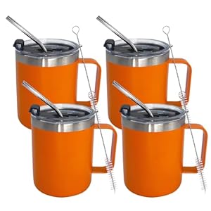 4pack 12oz Coffee Mug With Handle Bulk, Stainless Steel Insulated Travel Tumblers With,Double Wall Vacuum Camping Cup for Hot & Cold Drinks Tea (orange)