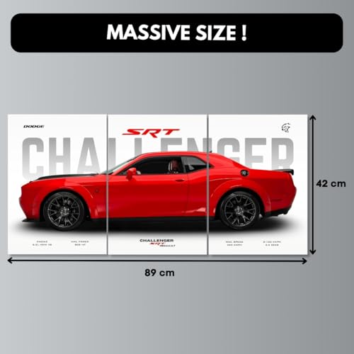 Image of Dodge Challenger Poster Split Design Car Posters | 3 A3 Sized Dodge Challenger Cars Poster for Wall | Large Size (89 x 42 cm) Muscle Cars Wall Decor | Muscle Car Posters for Room (B 039)